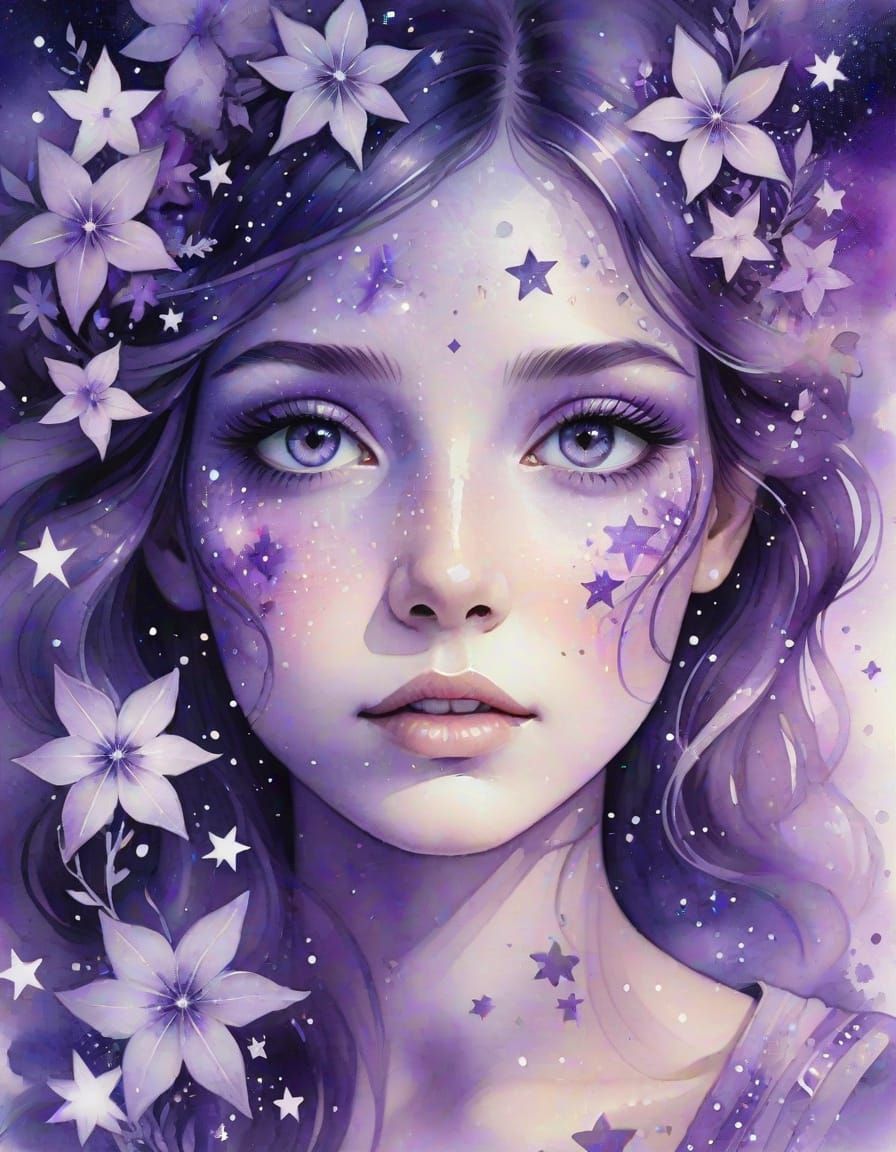 Whimsical Watercolor Portrait with Sparkling Amethyst Eyes