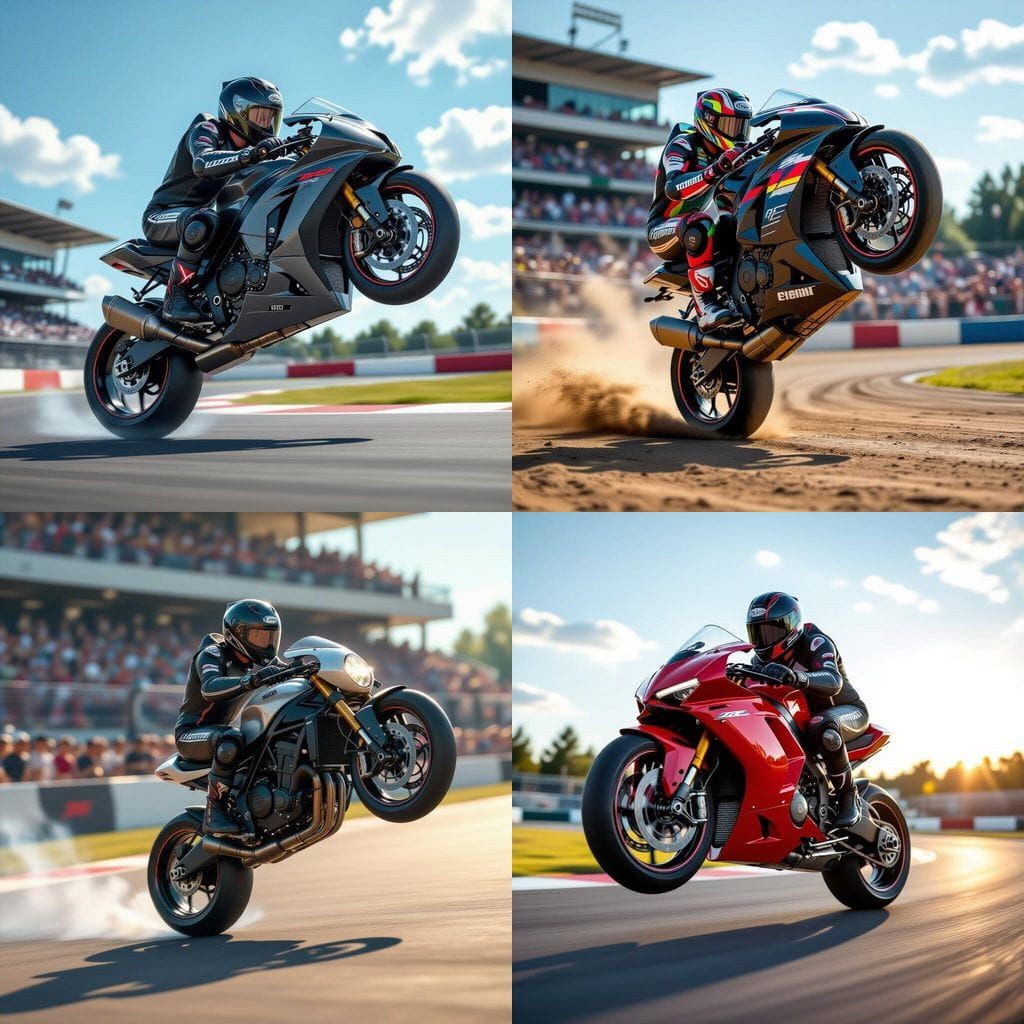 Biker Lifts Wheel on Racing Motorcycle