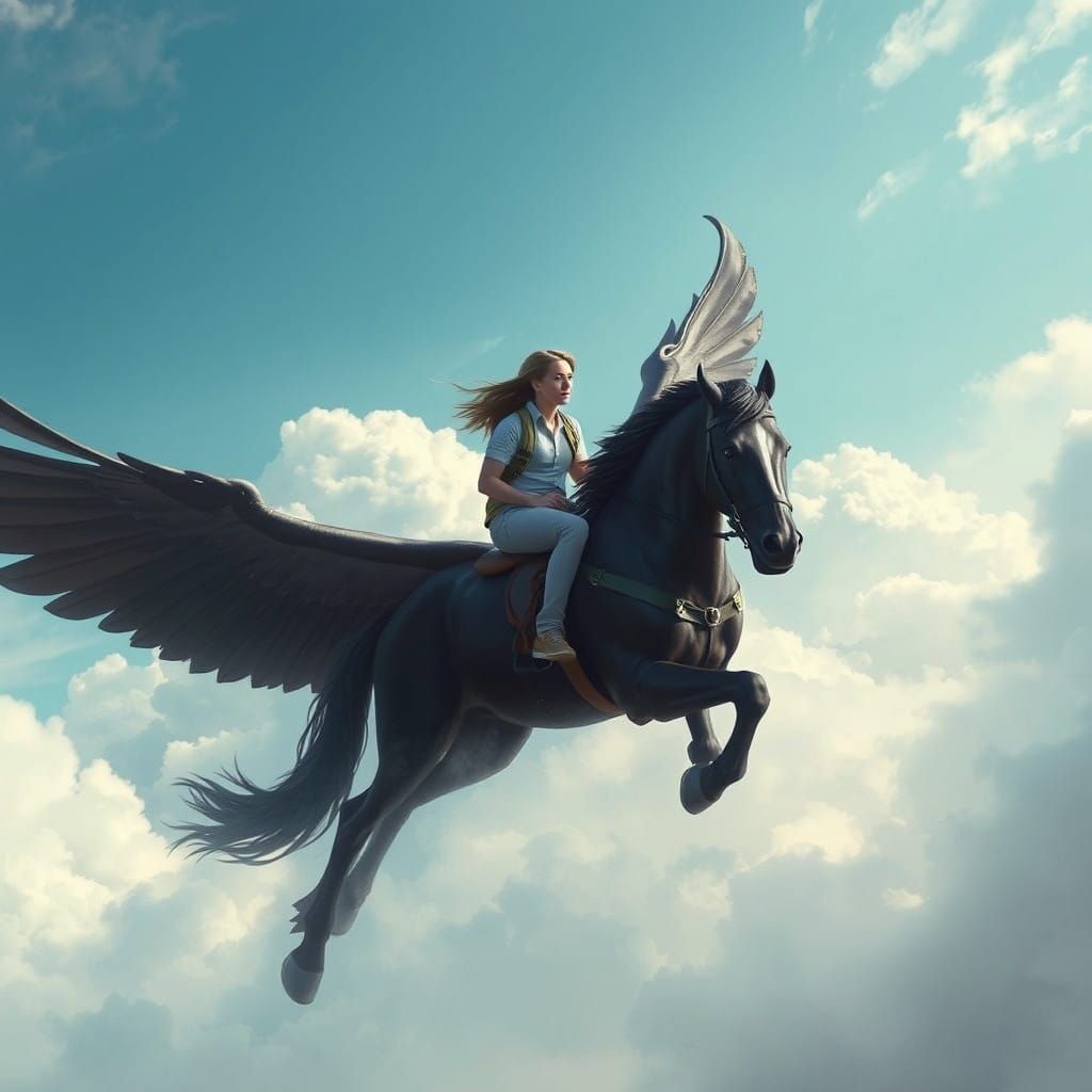 Percy Jackson Soars on a Majestic Black Winged Horse through...