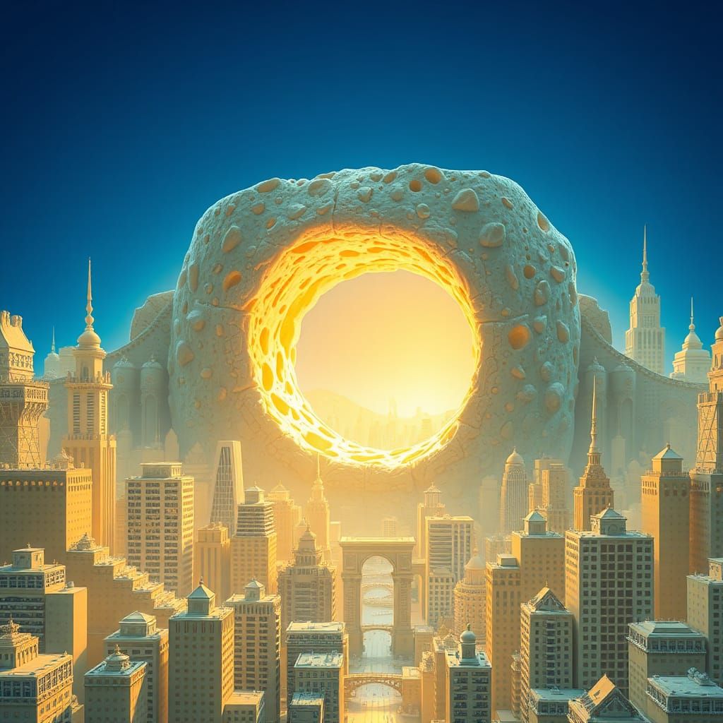 Surreal Cheese Cityscape with Hole in 3D Rendering