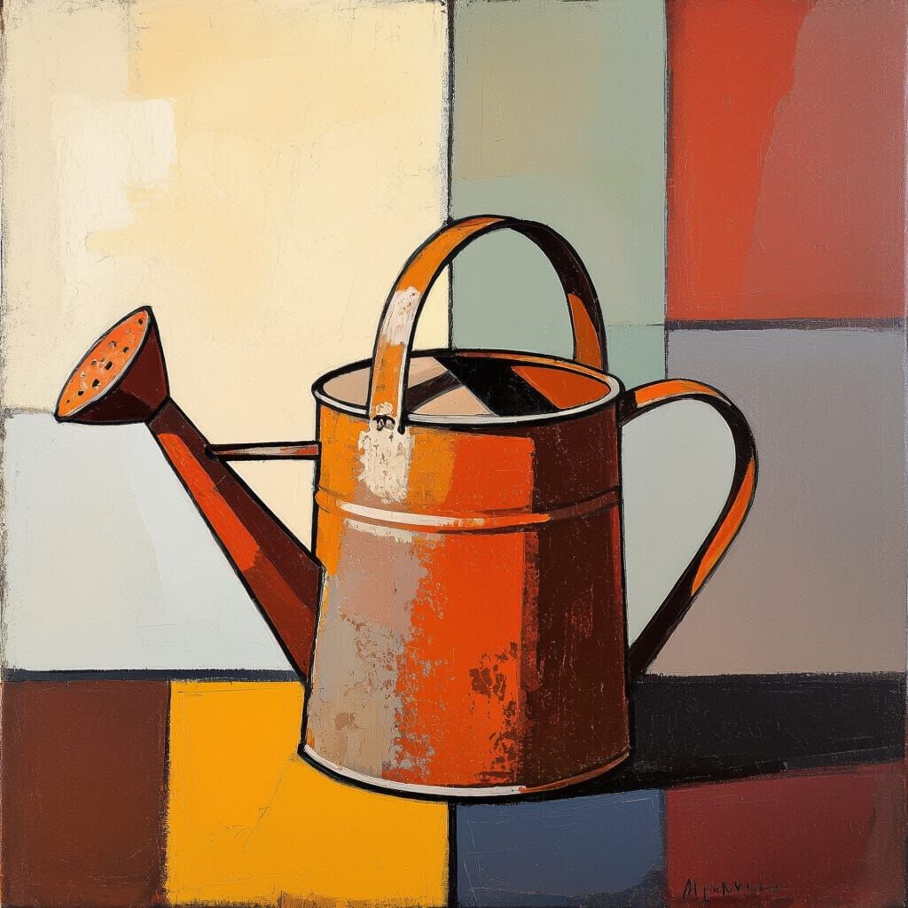 Abstract Watering Can with Rust Accents