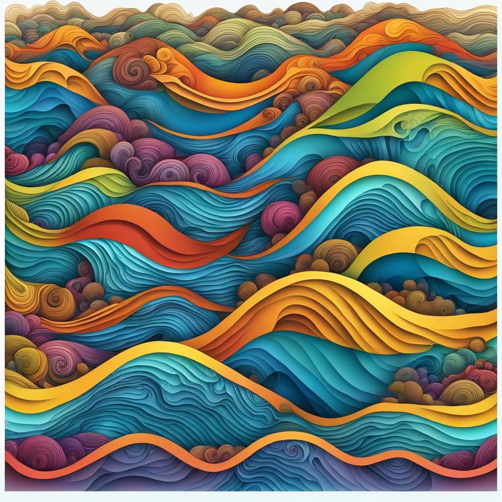Colorful Ocean Waves on Wooded Hill in Abstract Style