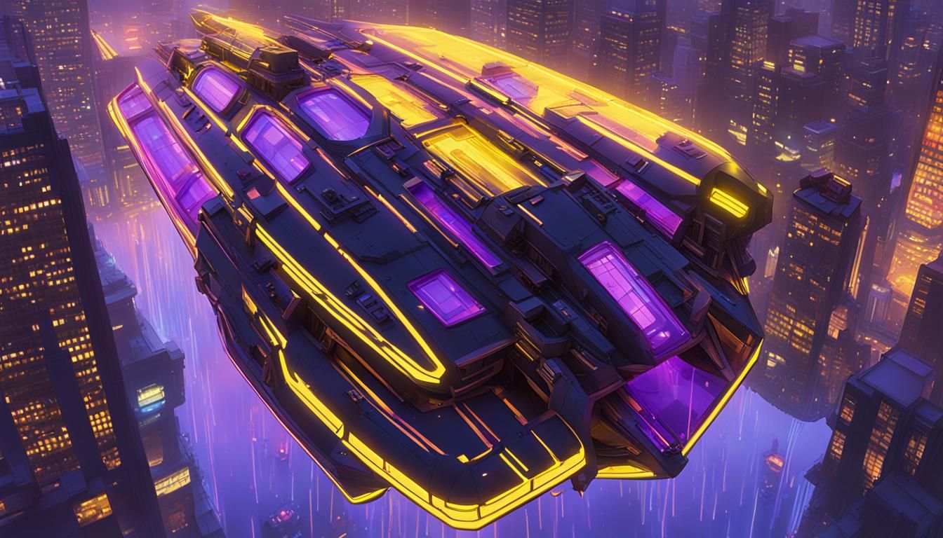 Cyberpunk Spaceship Over Rainy Cityscape at Dusk