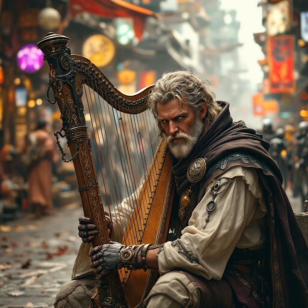 Celtic Bard in Cyberpunk Marketplace, Art Nouveau Style