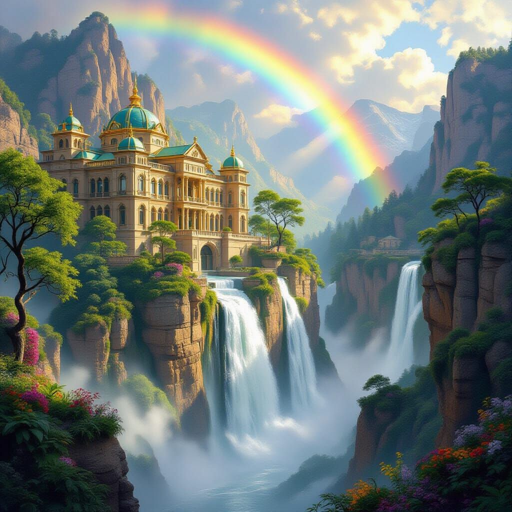Fantasy Palace by Waterfall in Romantic Art Style