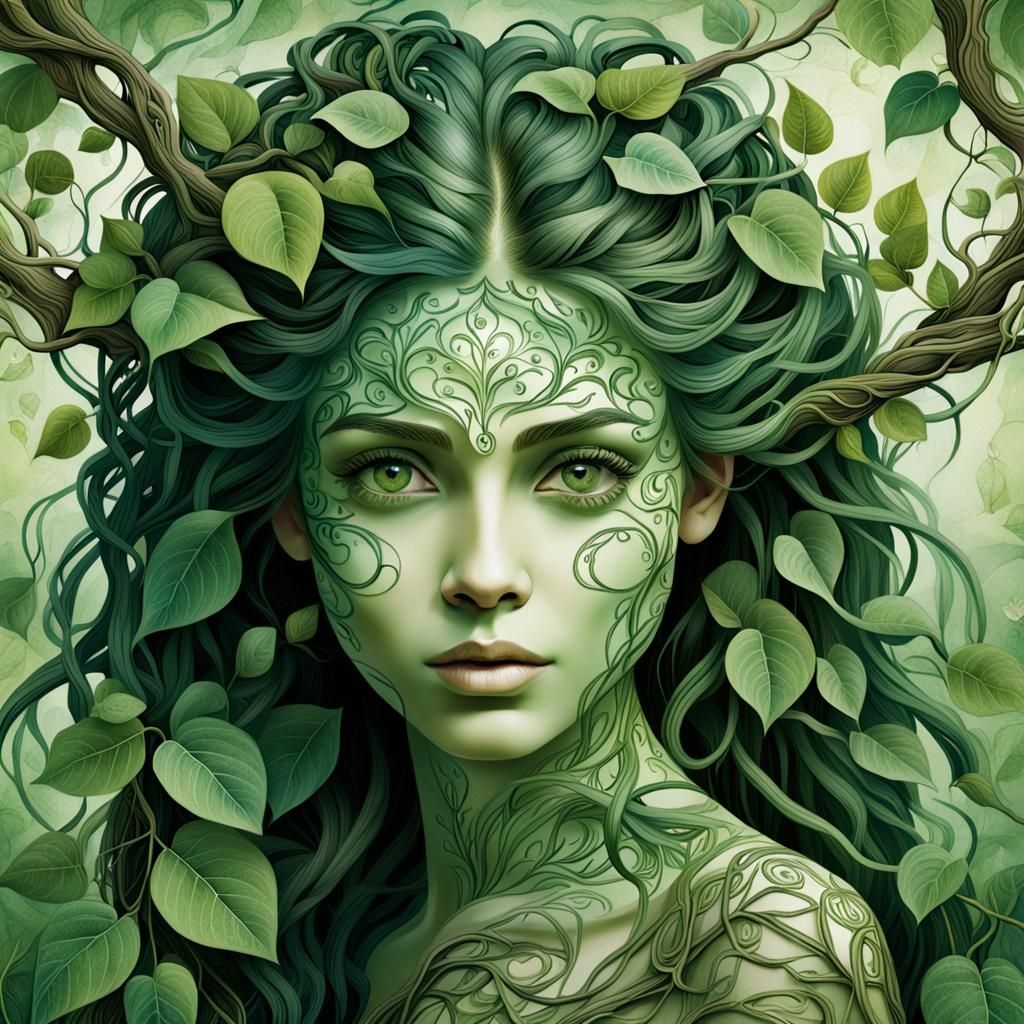 Woman Blending with Nature's Vines and Branches