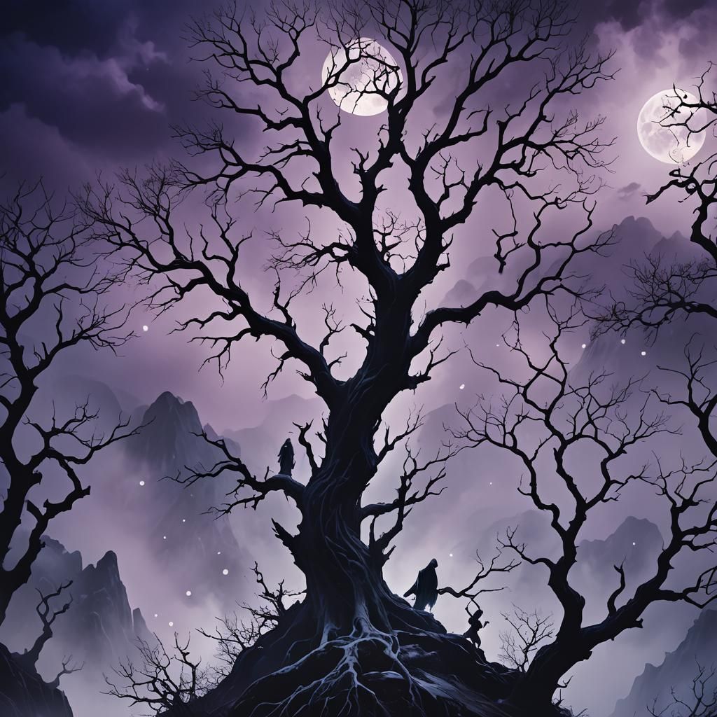 Ghosts Haunt Misty Mountains in Dark Fantasy Art