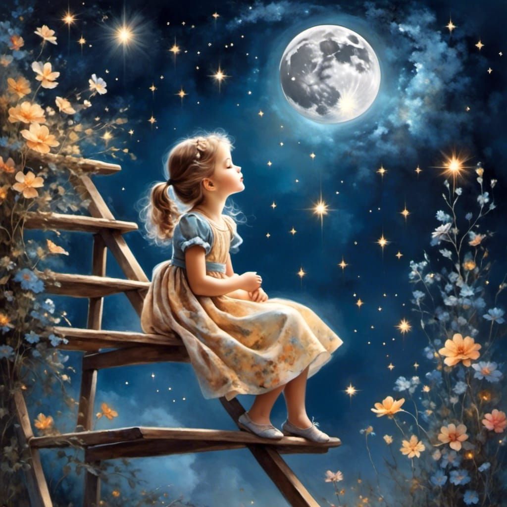Girl Reaching for the Moon in Starry Night