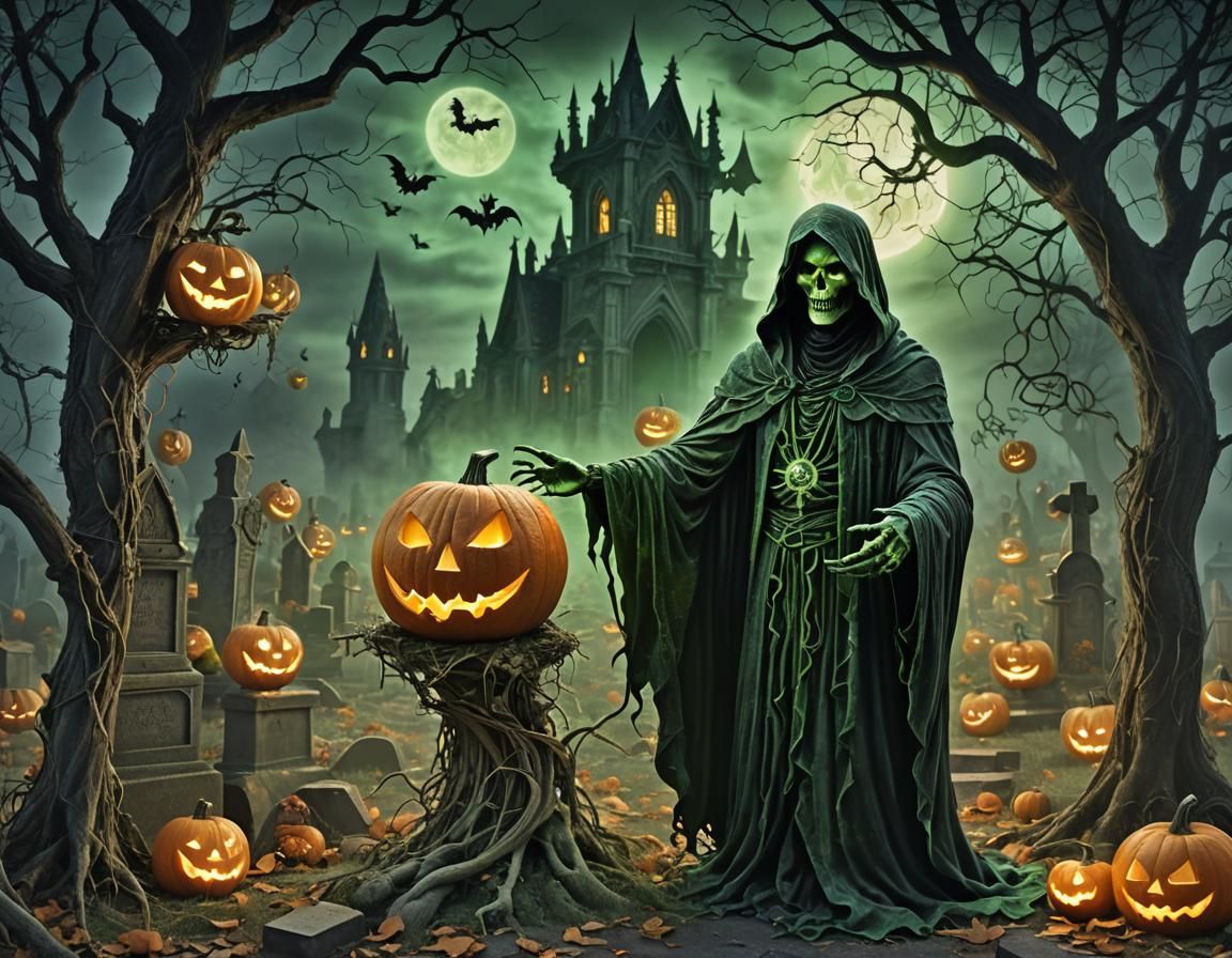 Spectral Jack-O'-Lantern Sorcerer in Gothic Graveyard