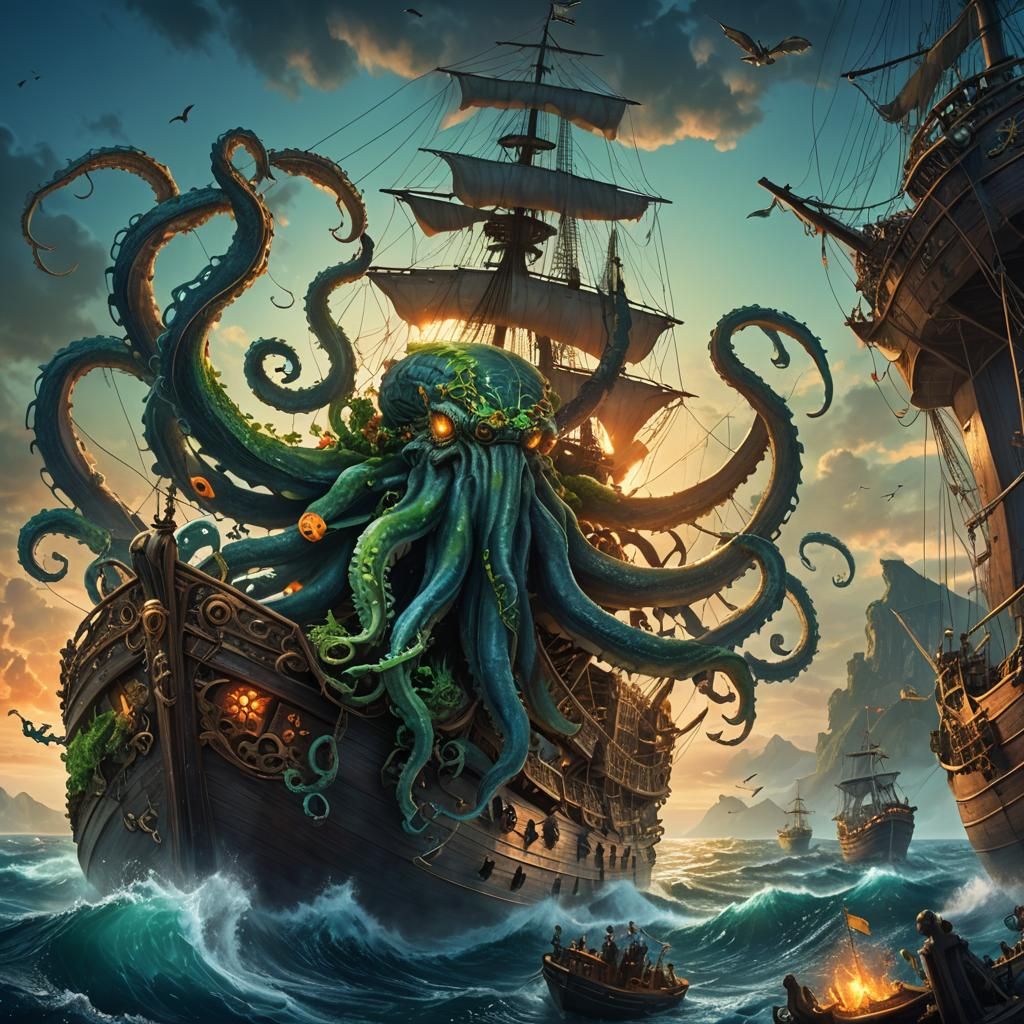 Kraken Attacks Pirate Ship: Fantasy Concept Art
