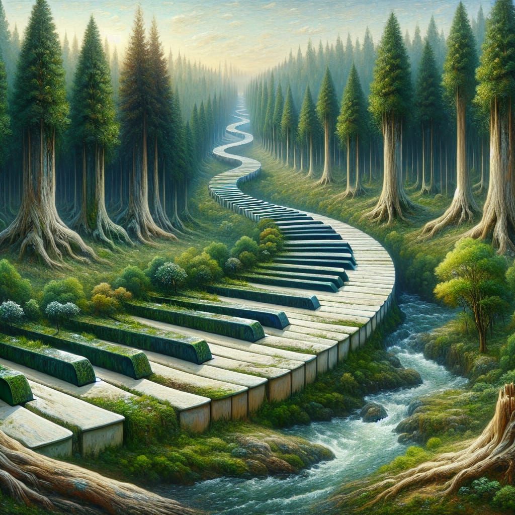 Forest Through Piano Keys: Impressionistic Digital Art