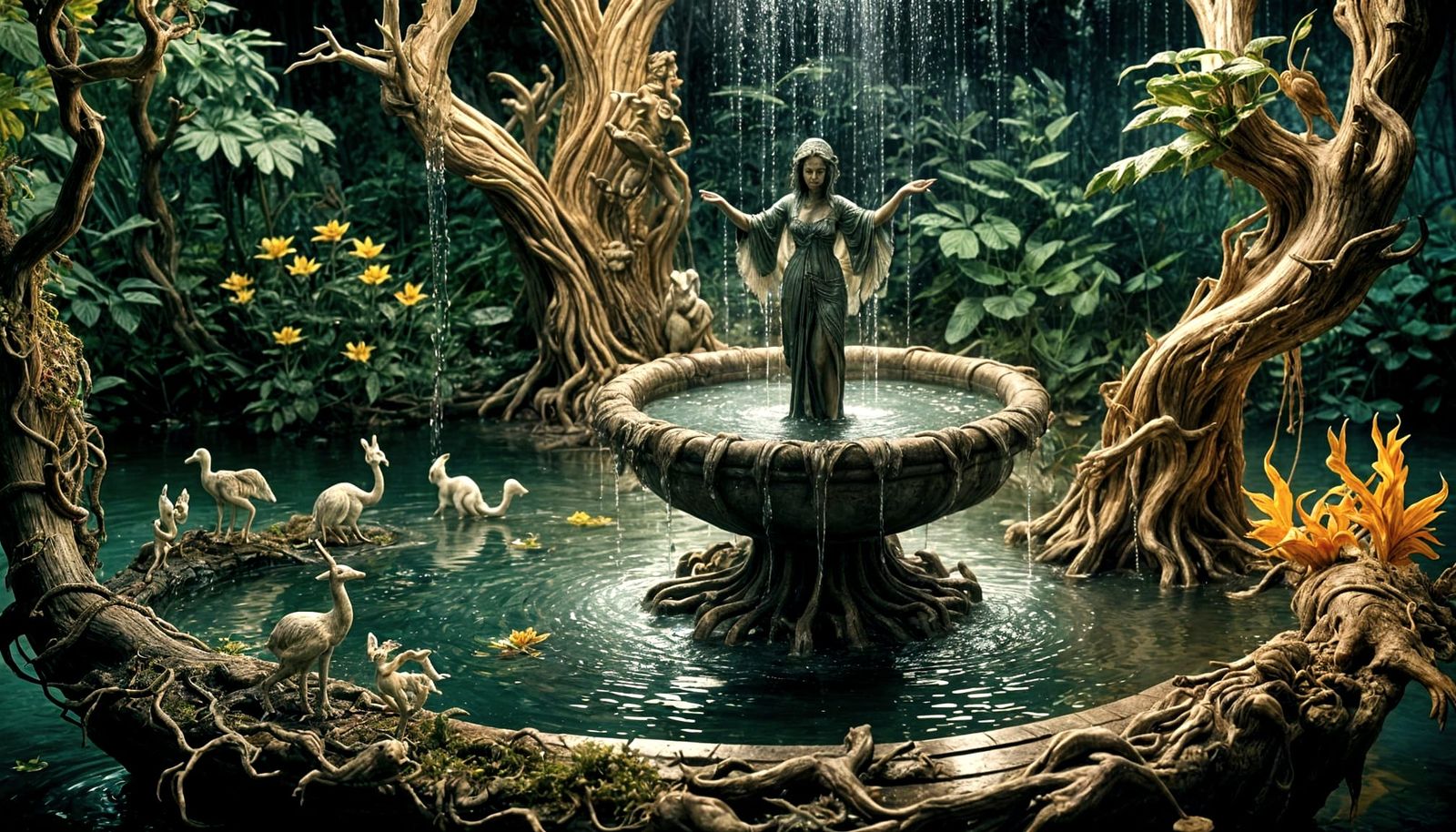 Mystical Fountain With Water Nymphs And Dreamlike Creatures