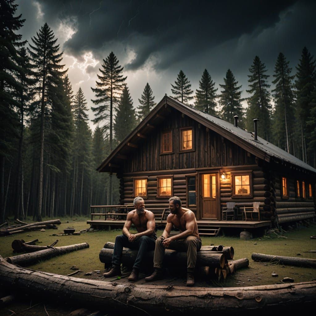 Photorealistic Men in Cabin During Storm