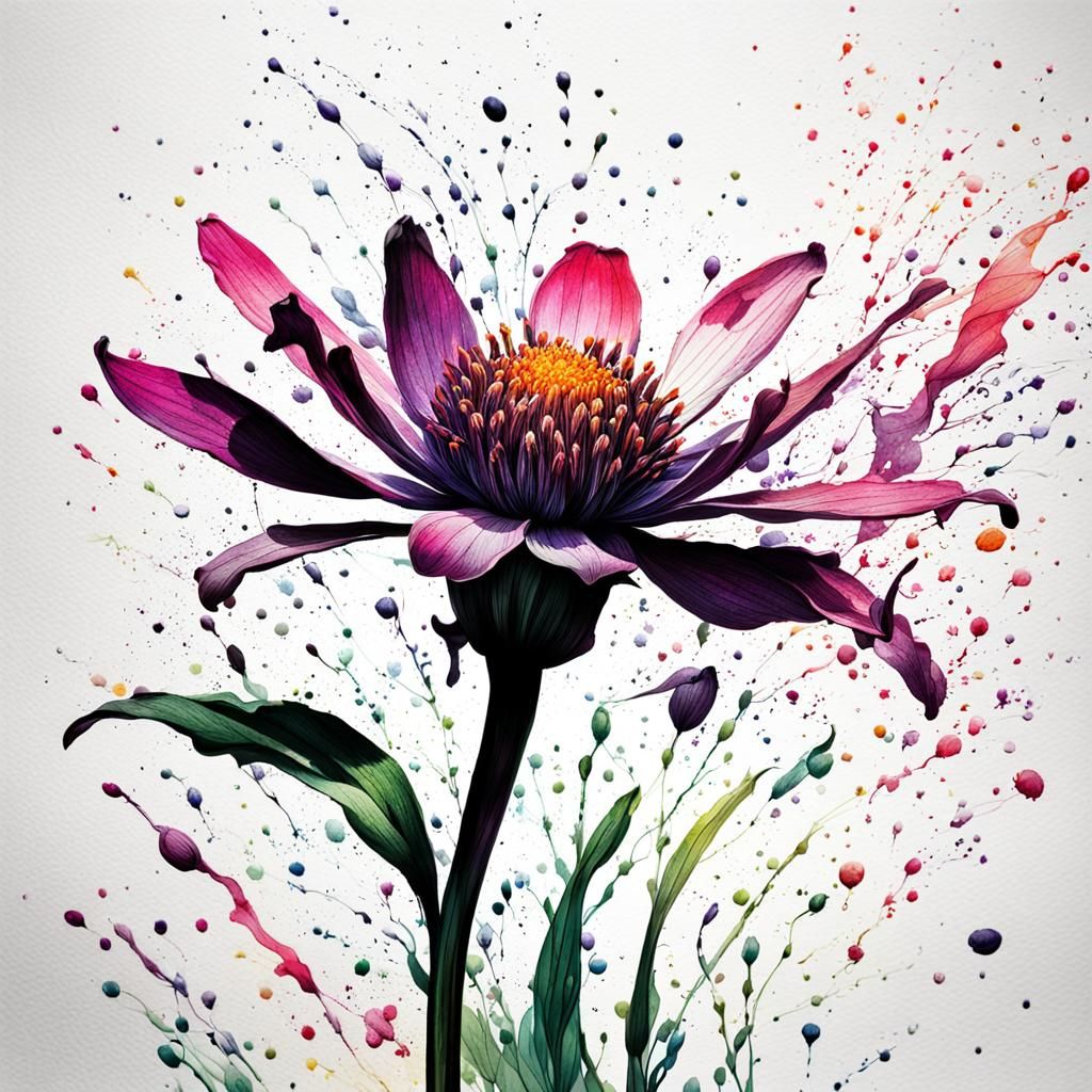 Hyperrealistic Botanical Ink Flower Drawing in Garden