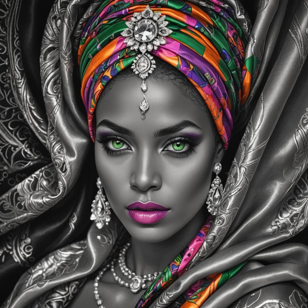 Regal Woman with Head Wrap: Hyperrealistic Illustration
