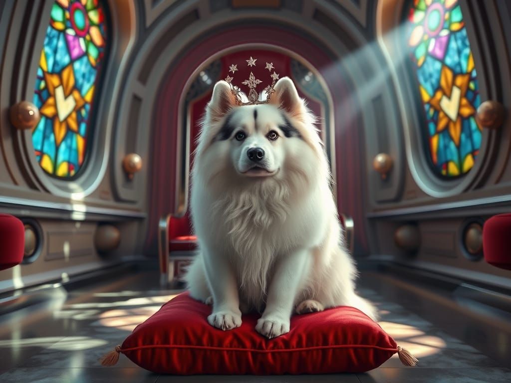 Regal Samoyed in Art-Deco Starlight Throne Room