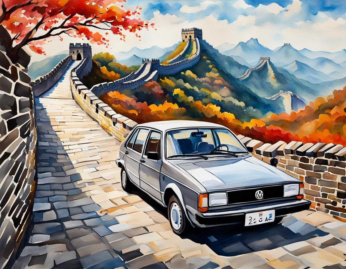 Volkswagen Santana on Great Wall in Gouache Style