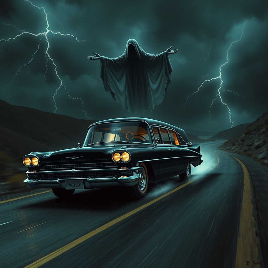Ethereal Ghostly Figure Over a Classic Hearse