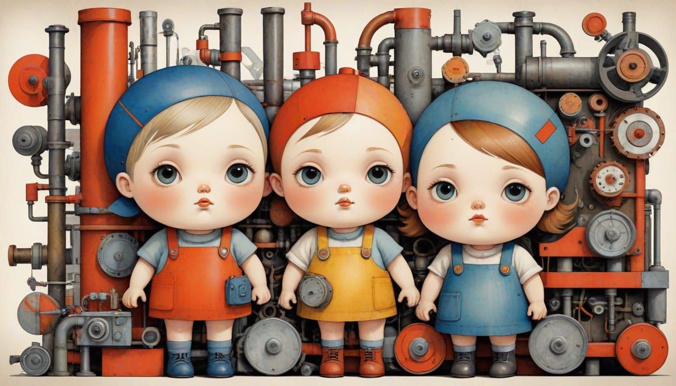 Rosy Cheeked Children Play with Industrial Materials in a Wh...