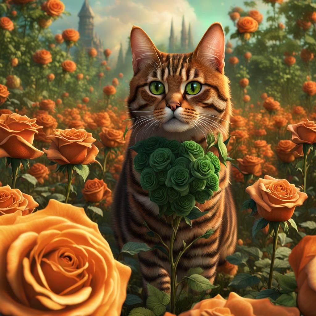 Tabby Cat in a Rose Field: Fantasy Concept Art