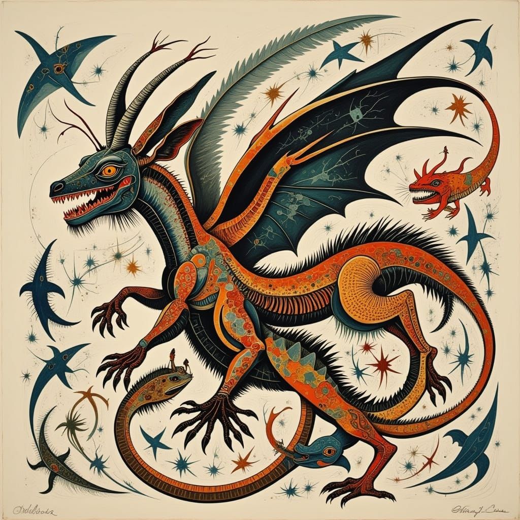 Chimeric Creature with Wings and Multiple Heads