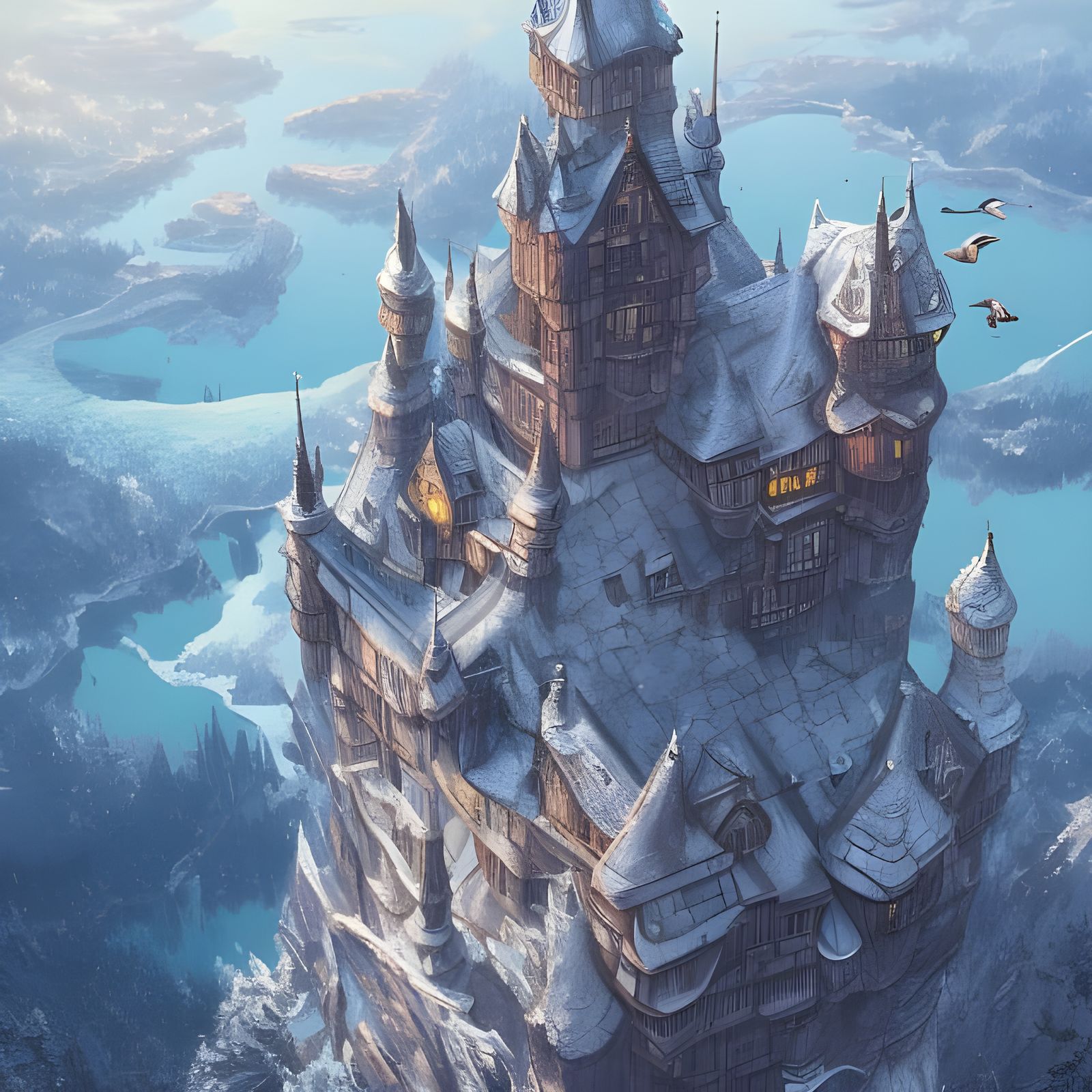 Epic Castle on Frozen Lake: Digital Illustration