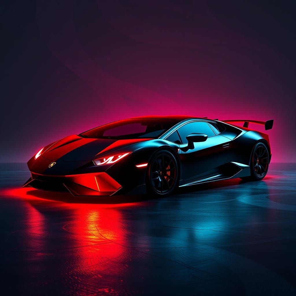 Sleek Black Lamborghini Illuminated in Neon Hues