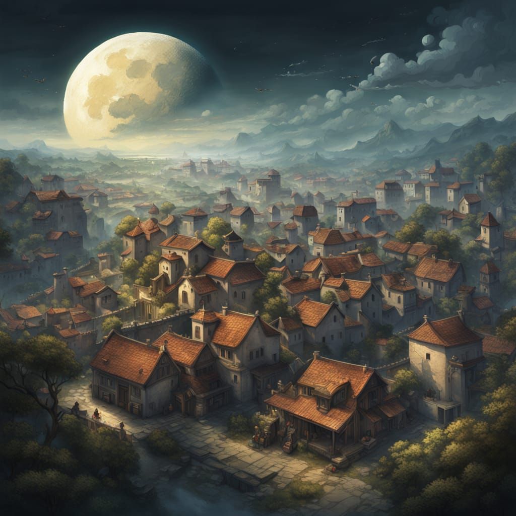 Moonlit Surreal Village Landscape in Digital Art Style