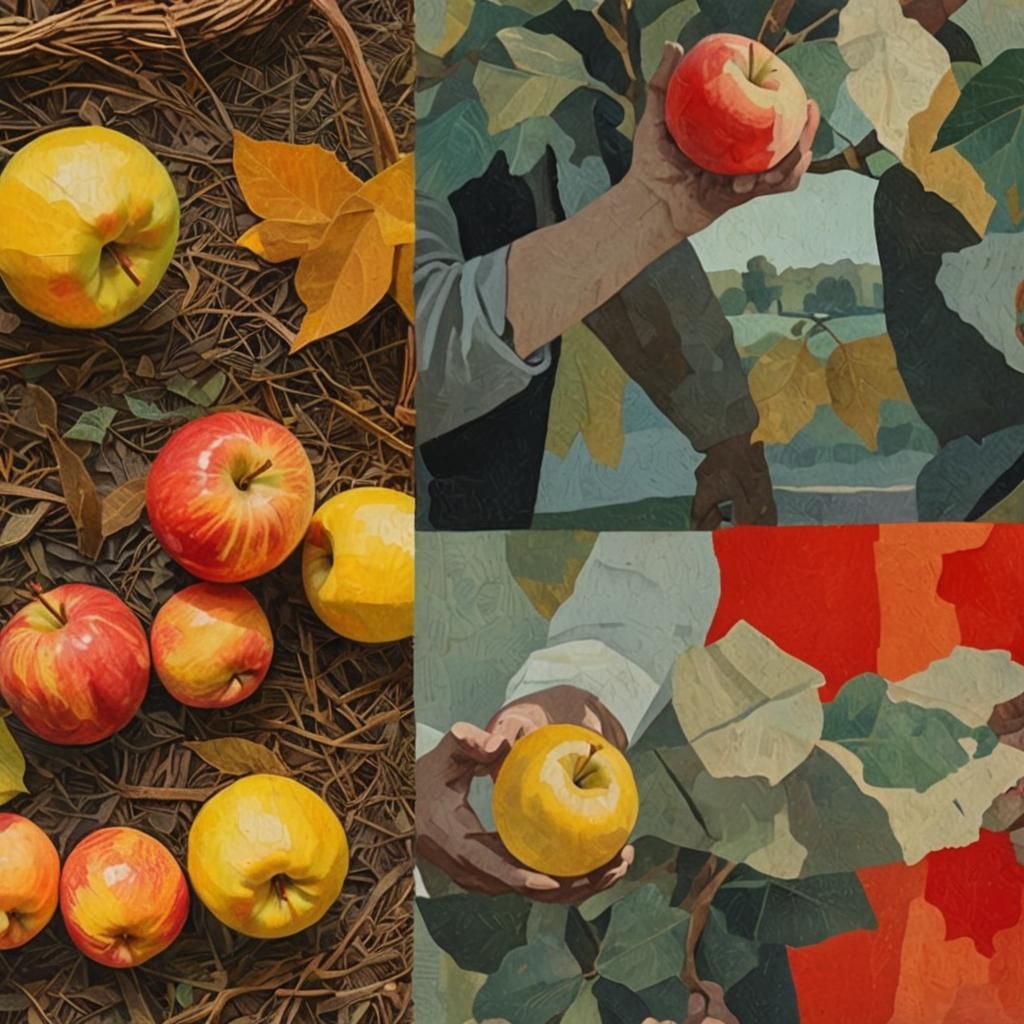 Woman Harvesting Apples in Paper Collage Style