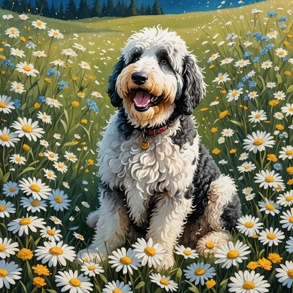Sheepadoodle's Birthday in a Lush Daisy Meadow