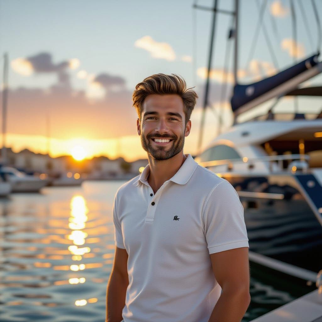 Smiling Man in La Rochelle Harbor, Hyperrealistic Digital Ar...