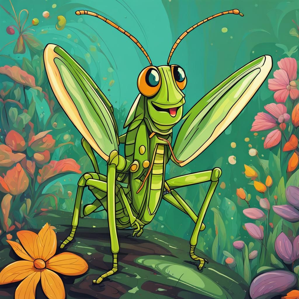 Grasshopper Jumper in Magical Garden, Cartoon Style