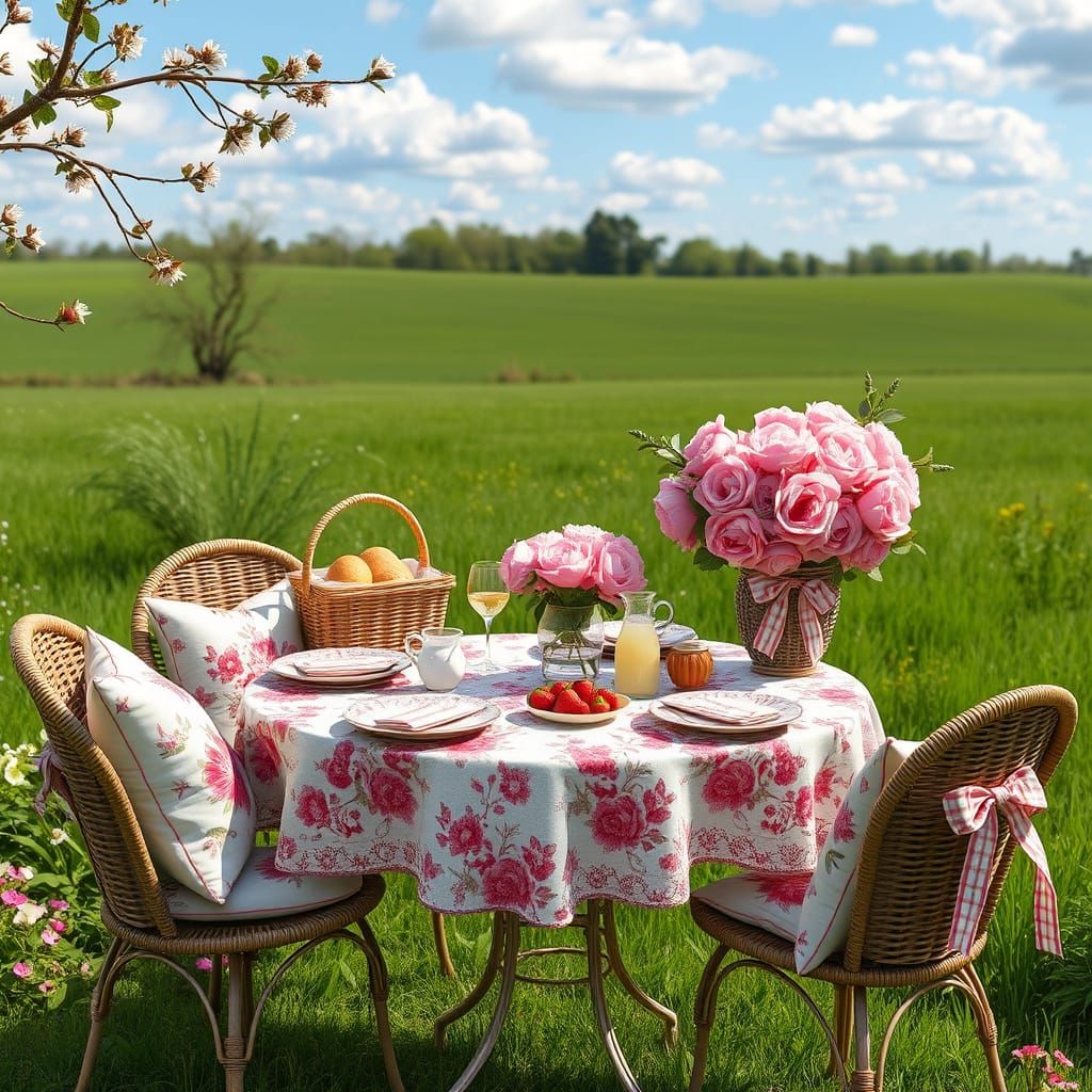 Whimsical Spring Garden Picnic Scene in Vintage Elegance