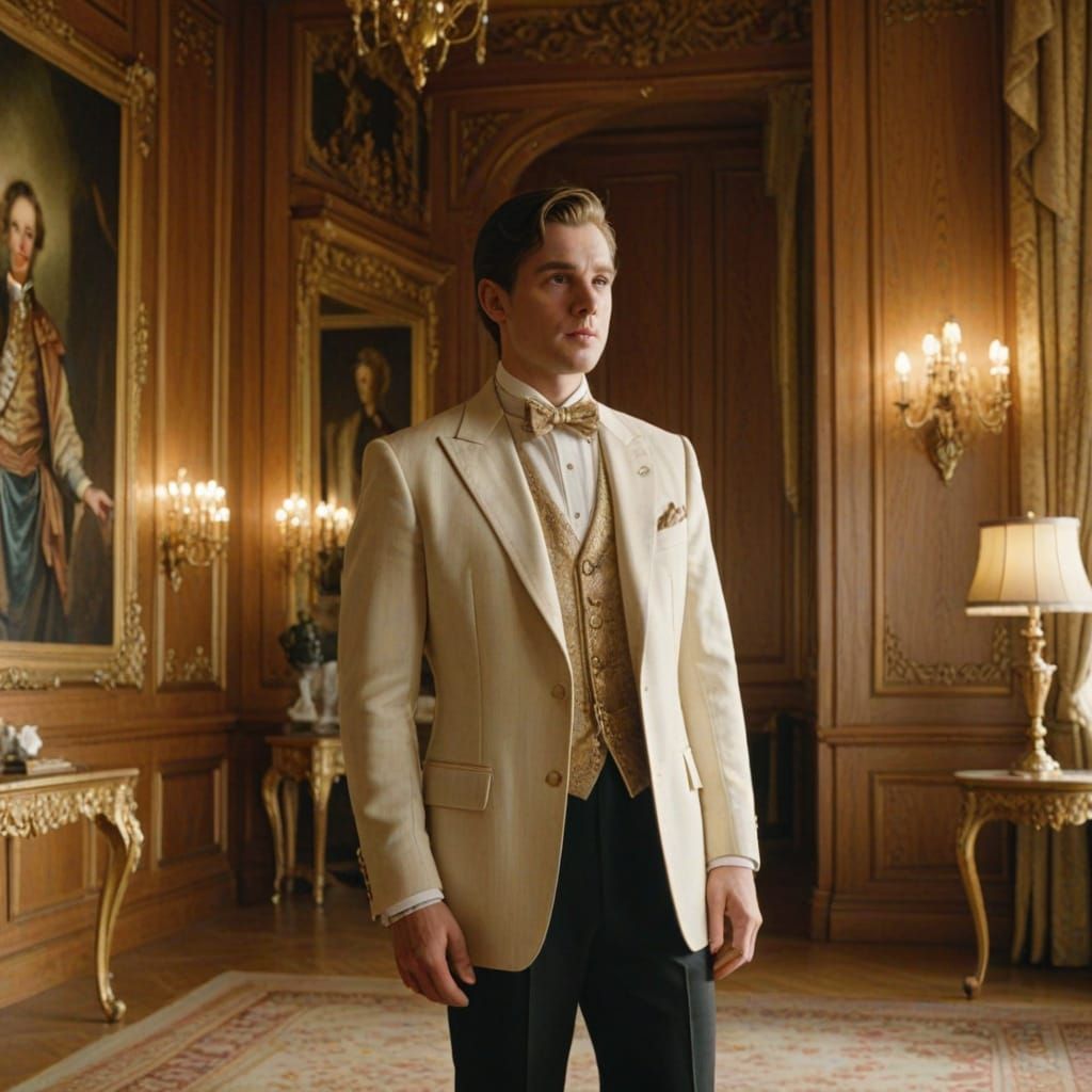 Elegant Man Dressing in Palace Interior