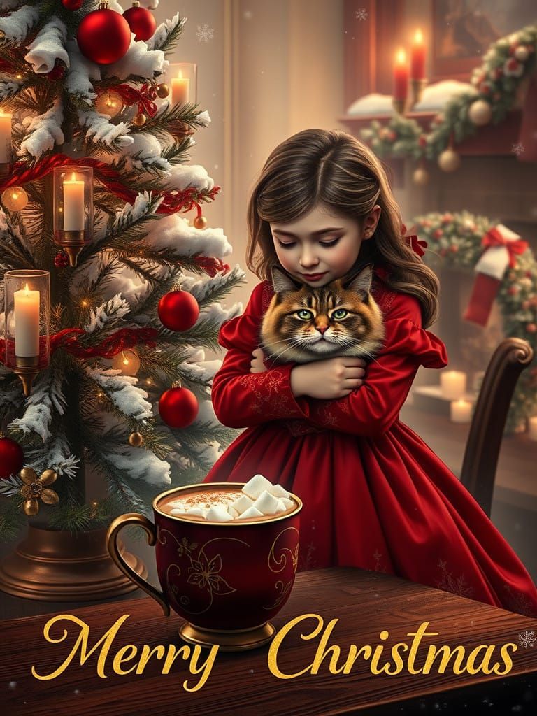 Victorian Girl Hugs Disgruntled Cat by Christmas Tree