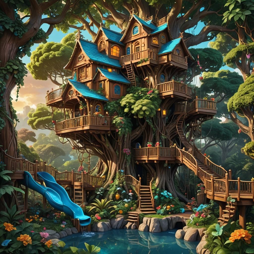 Majestic Fantasy Treehouse with Pool in Detailed Matte Paint...