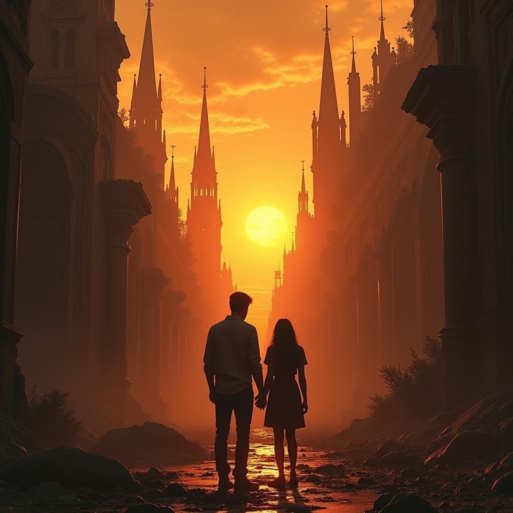 Melancholic Couple in Abandoned Cityscape, Matte Painting