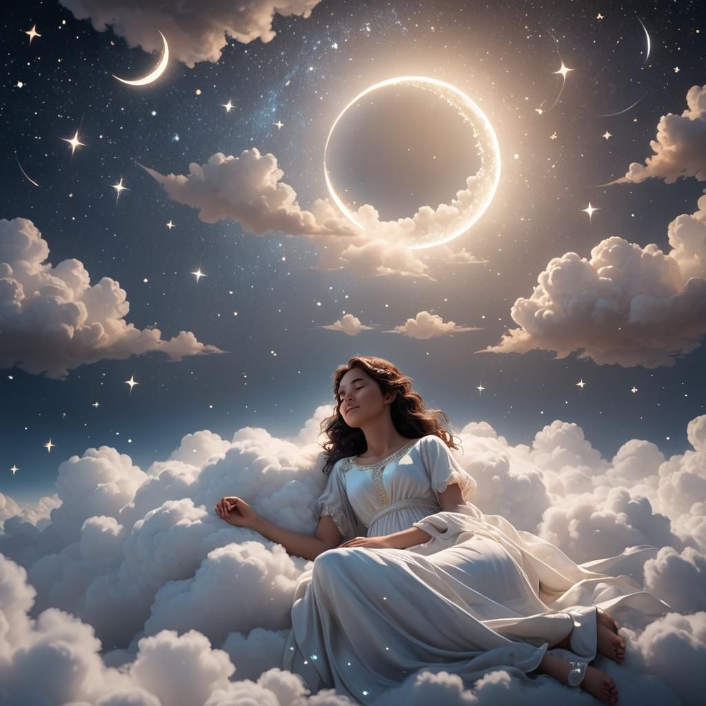 Dreamy Sleeping Woman on Cloud with Twinkling Stars