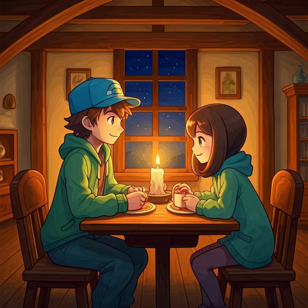 Pokémon Trainers' Cozy Cottage Feast in Watercolor Style