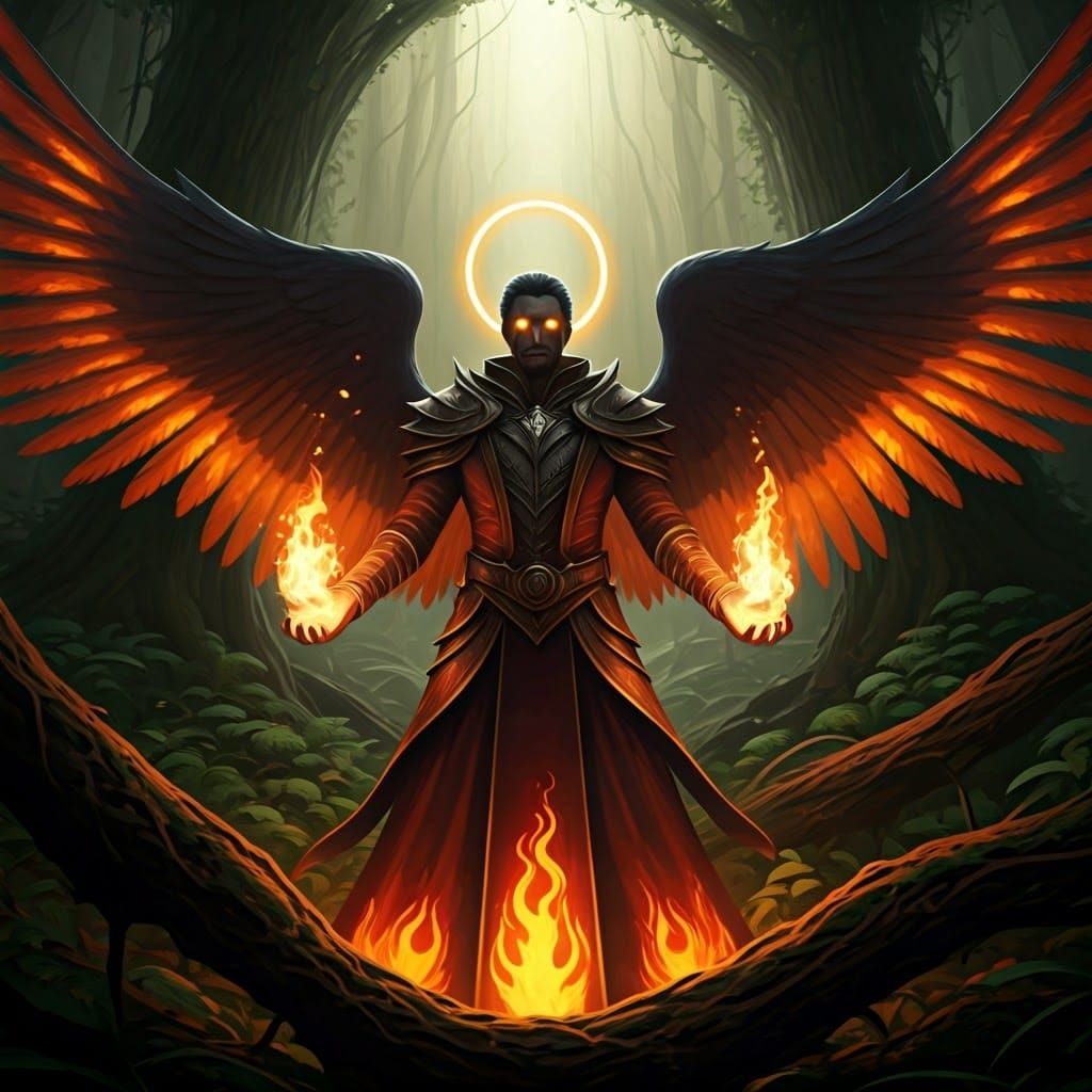 Fire Mage with Angel Wings in Mystic Woods