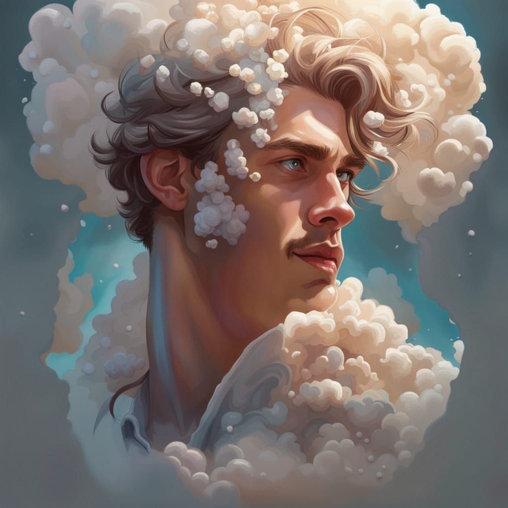 Danish Man Surrounded by Popcorn Clouds, Hyperdetailed Art