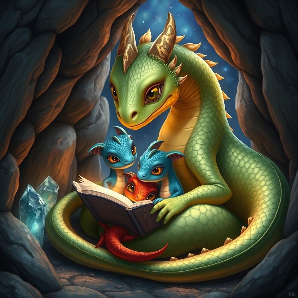 Gentle Dragon Mother's Bedtime Story: Fantasy Concept Art