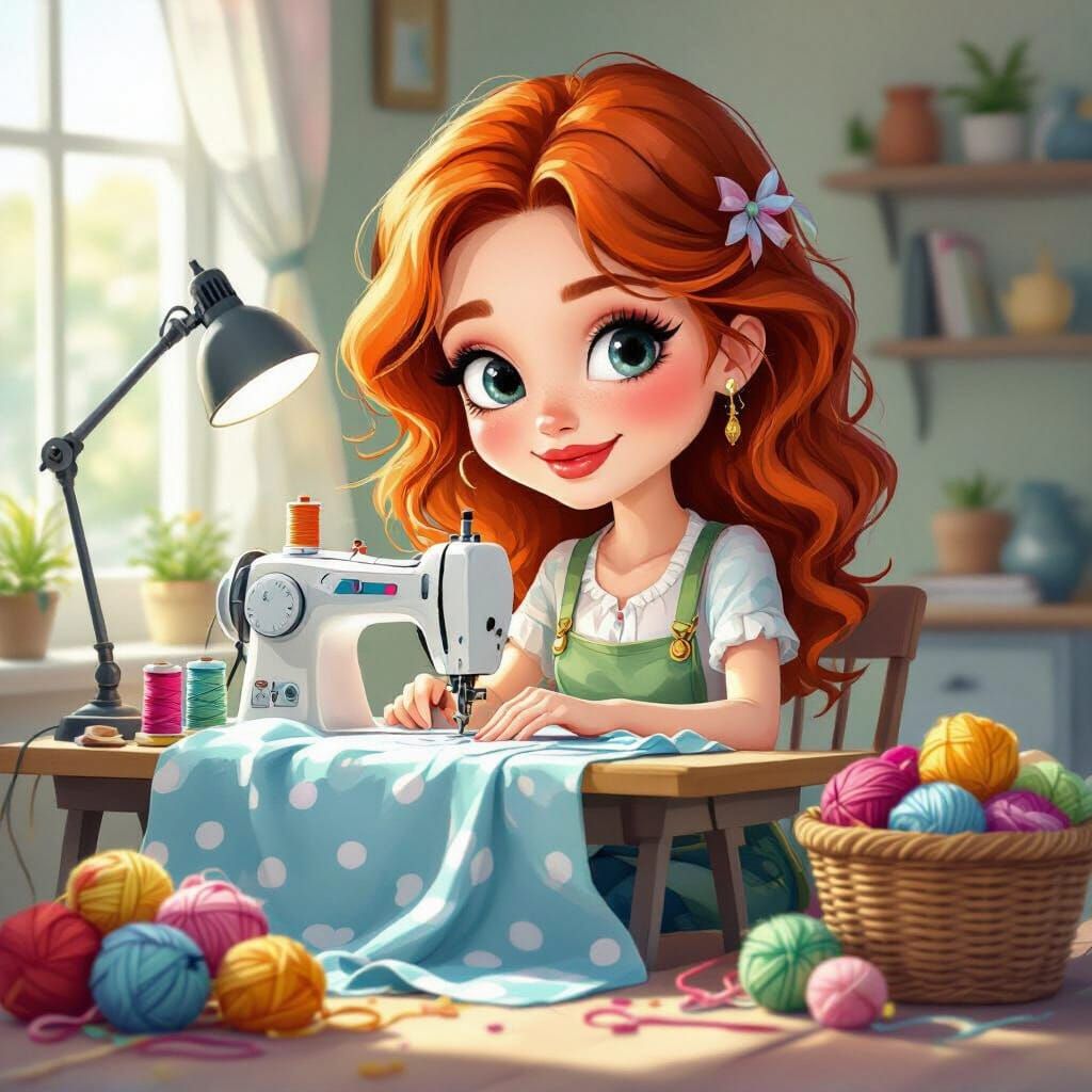 Caricature of Red-Haired Woman Sewing with Fabrics