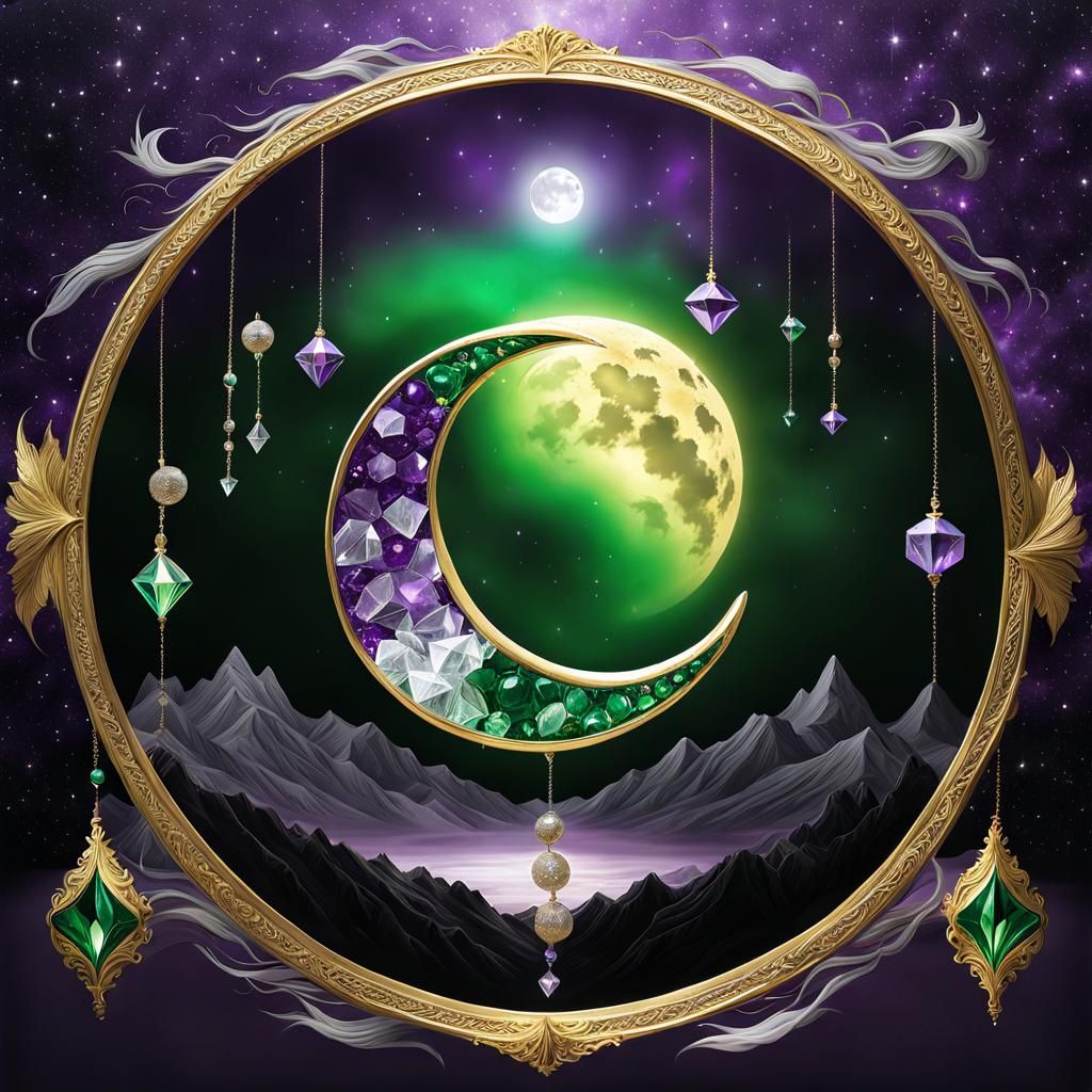 Surreal Crystal Moon Creation in Gold and Silver