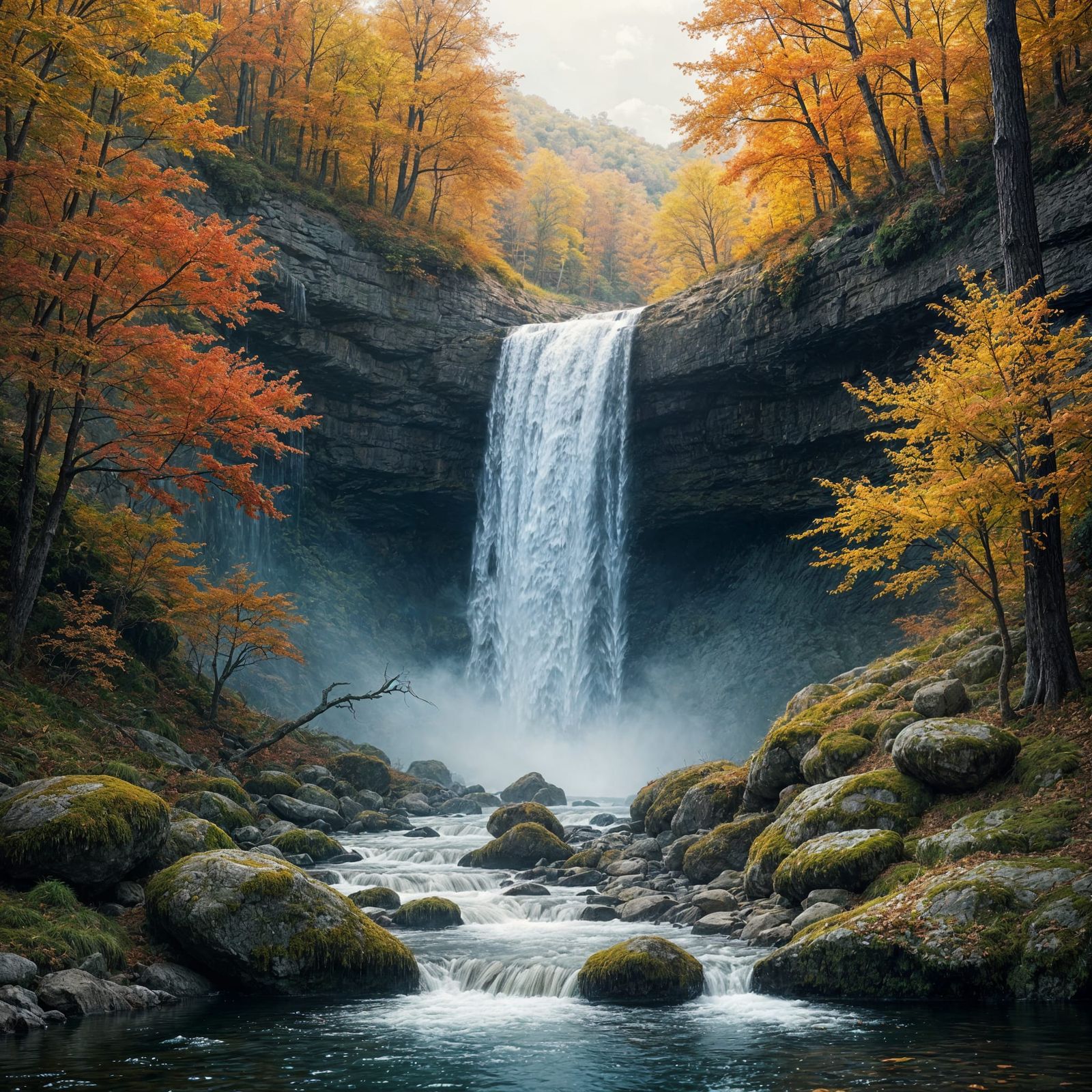 Photorealistic Autumn Waterfall in Forest Landscape