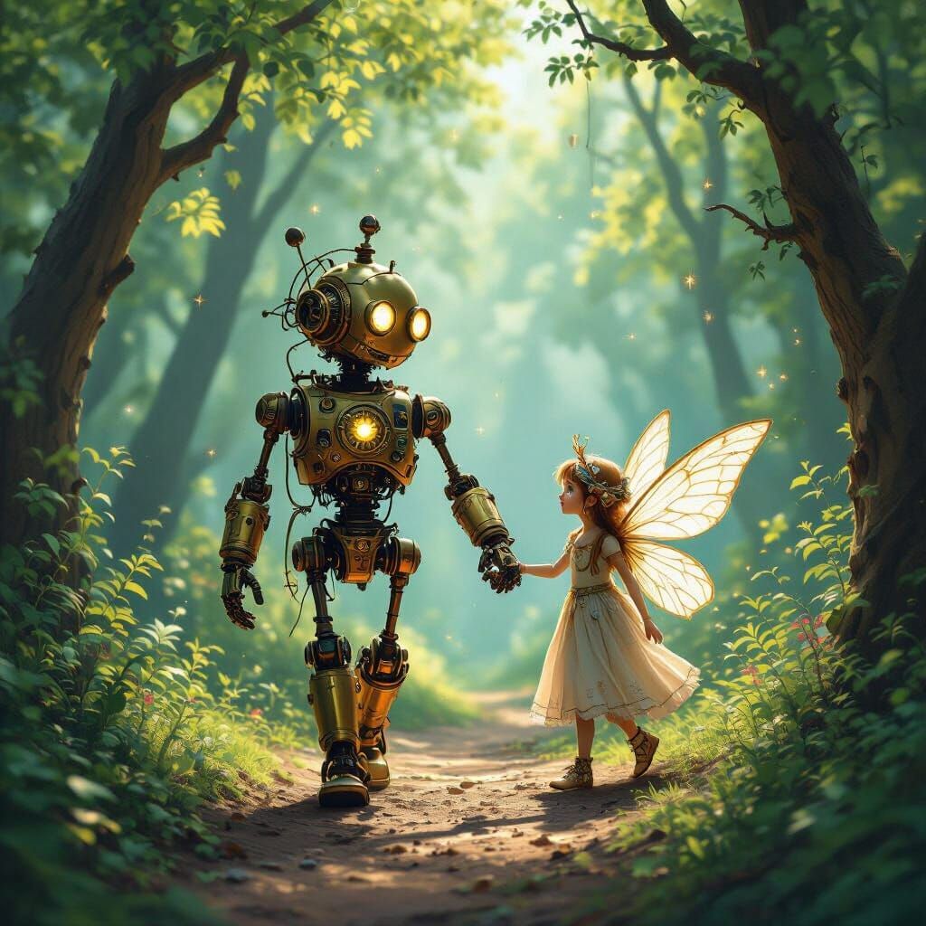 Automaton and Fairy in Enchanted Steampunk Forest