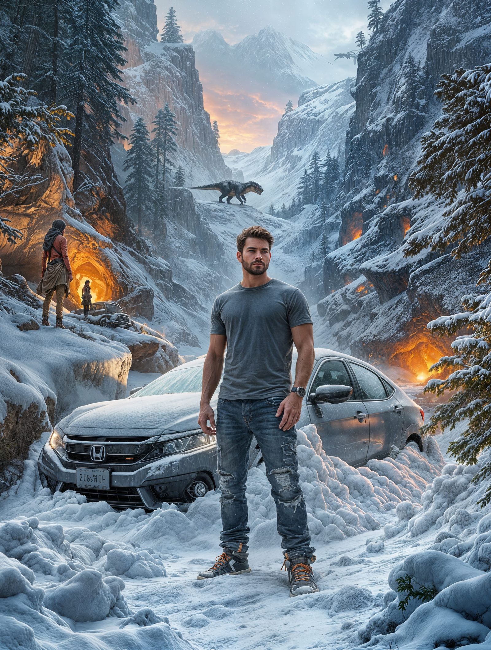 Rugged Man Amidst Diverse Winter Landscapes in Futuristic St...