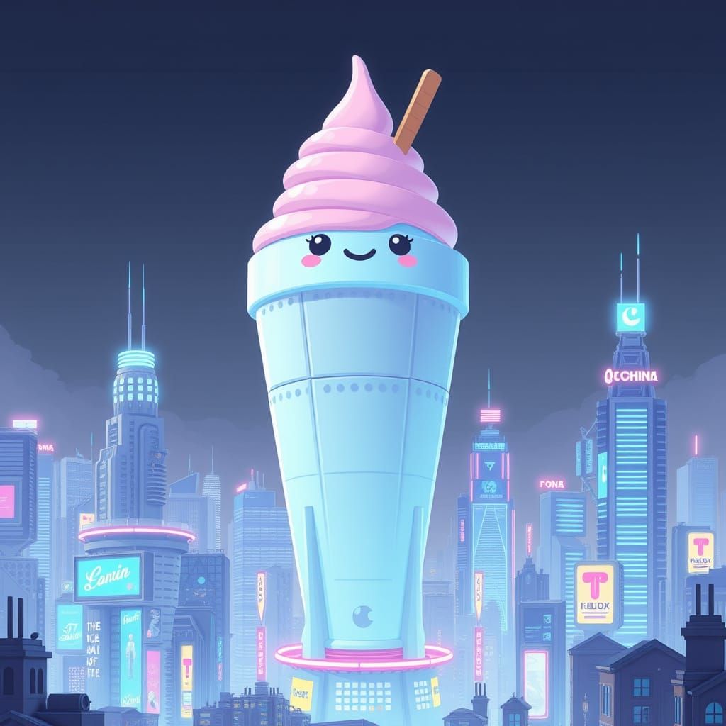 Kawaii Ice Cream Towers Over Neon Cityscape