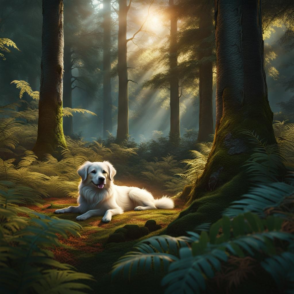 Dog Nap in Forest Clearing: Matte Painting Style