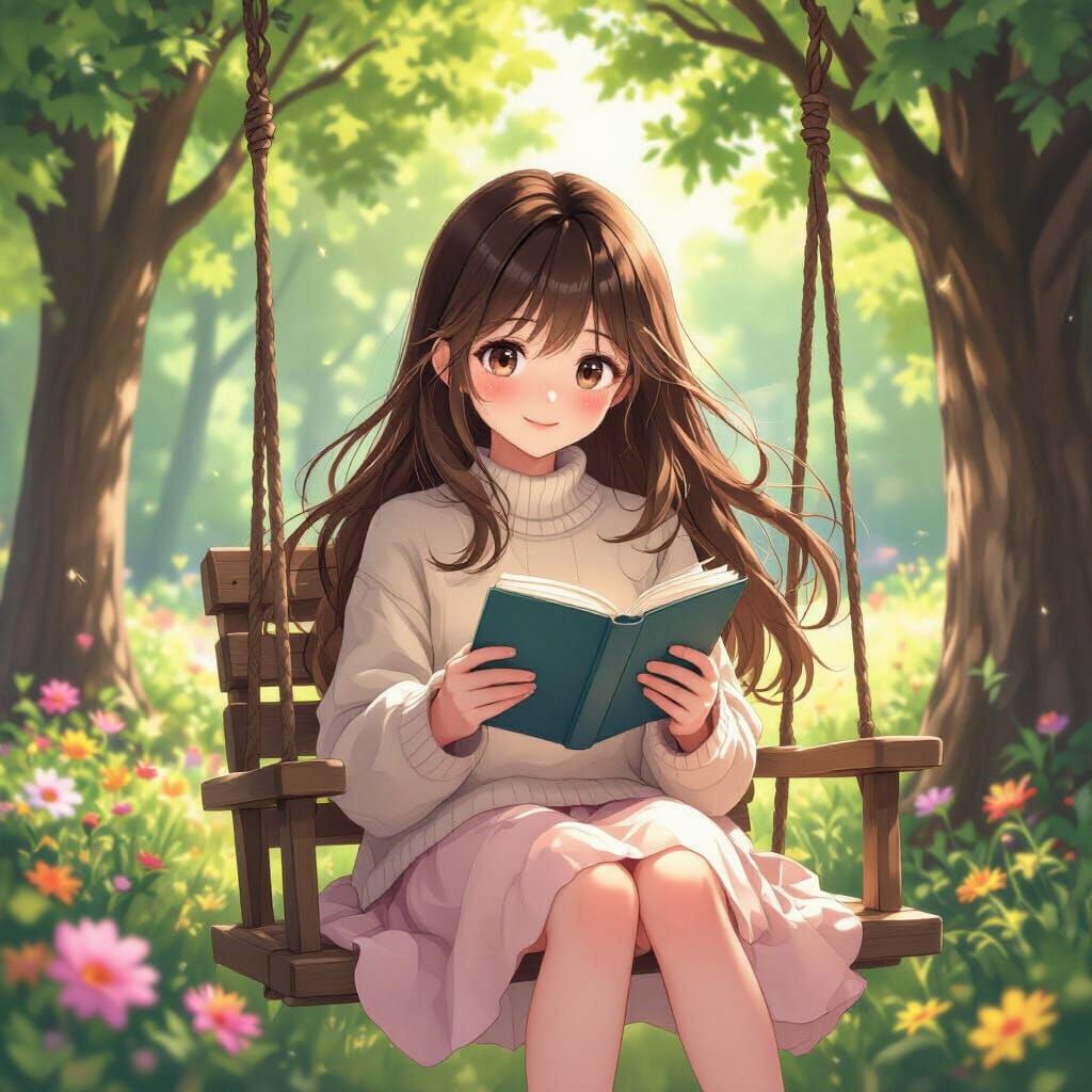 Girl Reading on Swing in Anime Style